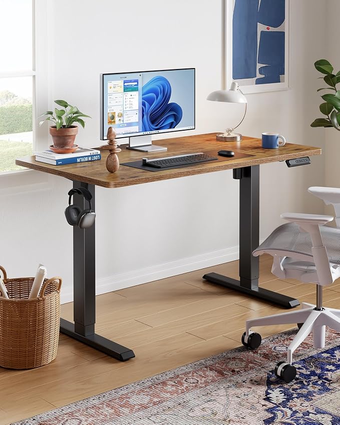 HUANUO 48 x 24 Inch Electric Standing Desk, Height Adjustable Computer Gaming Desk with 4 Memory Presets, Home Office Sit Stand Desk with Hooks & Cable Management, Vintage