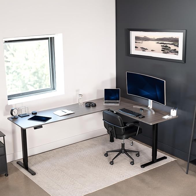 VIVO Corner Standing Desk, 84 x 63 inch Reversible L-Shaped Workstation, Electric Height Adjustment, Home, Office, and Reception Rooms, Dark Gray Table Top Black Frame, DESK-E3CTBG-84