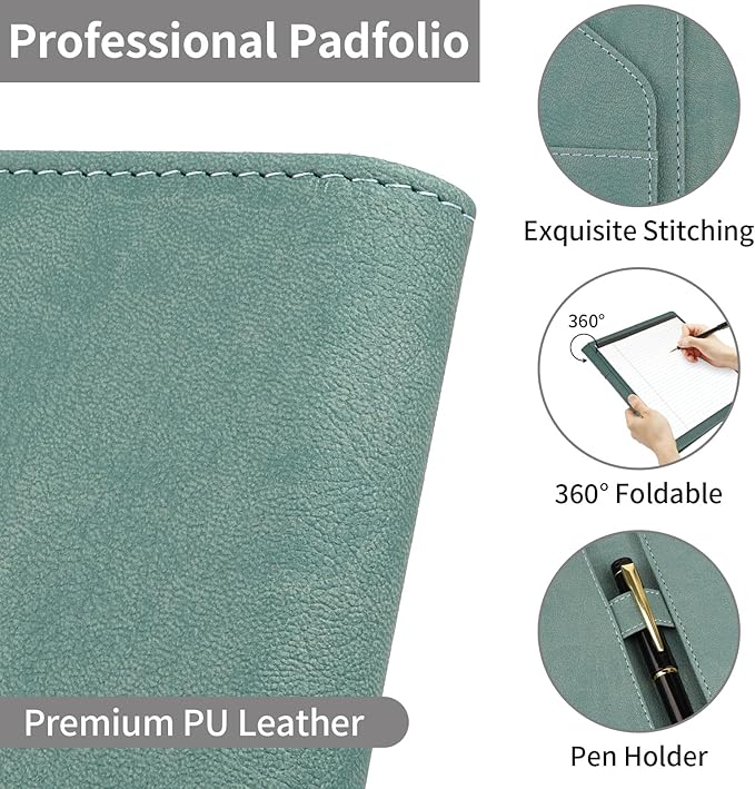 Professional Padfolio Portfolio Binder, Faux Leather Interview Resume Folder, Letter Size A4 Legal Writing Pad Holder, Document Organizer for Business School Office Conference (Green)