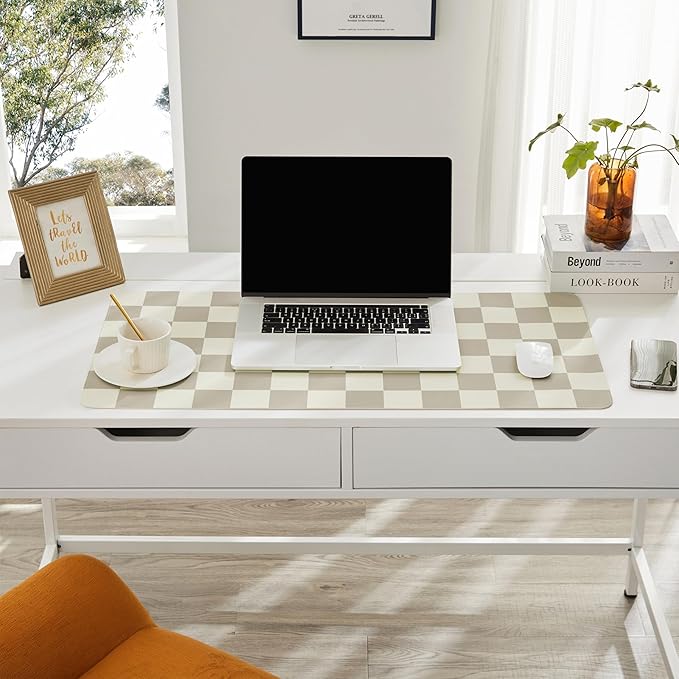 Checkered Desk Mat, 31.5" x 15.7" Large Cute Beige Khaki Aesthetic Retro Accessories, PU Leather Computer Laptop Desk Mat Mouse Keyboard Pad, Desk Writing Makeup Mat for Vanity/Work/Home Decor