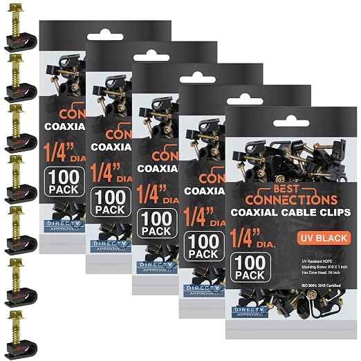 Coaxial Cable Clips with Pre-Inserted Screw 1/4" inch (500 Pack) – Black Single Mounting Clamps for Coax (RG6, RG59) and Ethernet Cables – Cord Fasteners/Strain Relief Clip