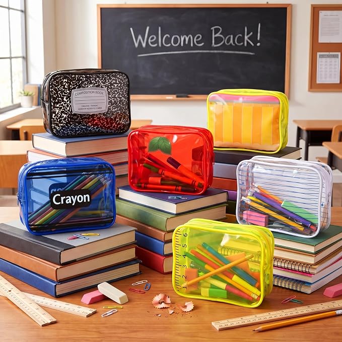 Suclain 6 Pack Back to School Gift for Teacher, School Theme PVC Zipper Organizer Pouches, 7.9 × 5.9 × 2.4 in Colorful Storage Bags for Classroom Rewards Teacher Student Gift Bags