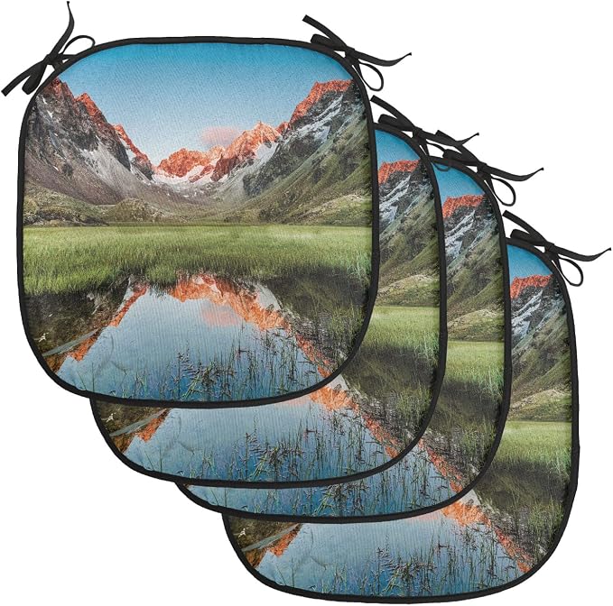 Lunarable Rustic Chair Cushion Pads Set of 4, Snowy Peaks Mirroring in Lake Surrounded by Meadow Below Stubai Alps Austria Image, Anti-Slip Seat Padding for Kitchen & Patio, 16"x16", Multicolor