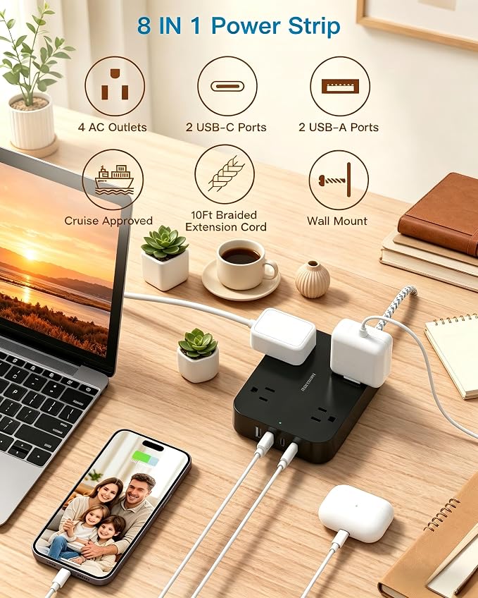 10 Ft Braided Extension Cord with Ultra-Thin Flat Plug, 4 Widely Spaced Outlets & 4 USB Ports (2 USB C), Non-Surge Protector Power Strip for Cruise Ship, Travel Essentials, Home Office, Black