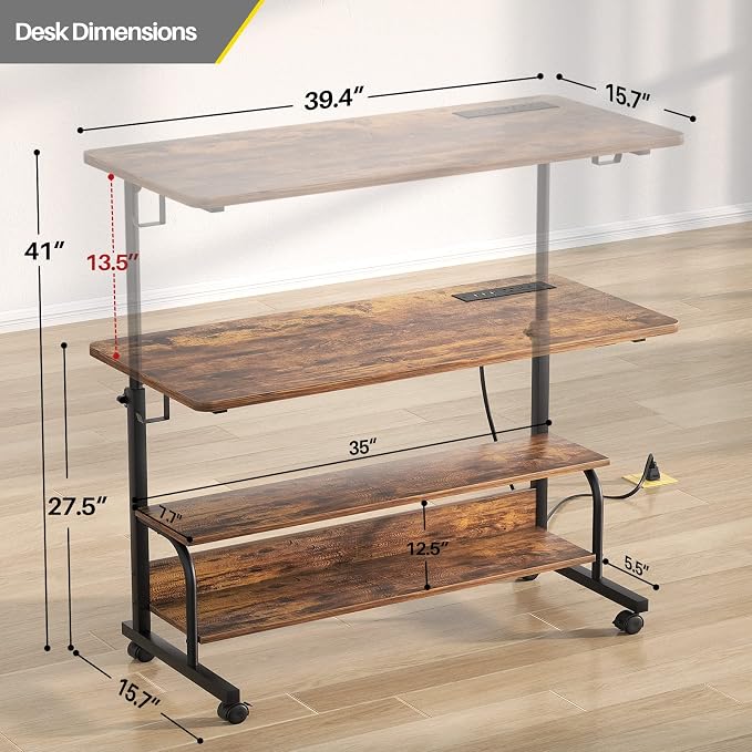 Armocity Rolling Standing Desk with Charging Station, Portable Height Adjustable Mobile Computer Desk with Wheels & 2-Tier Shelves & Hooks, Easy Assembly Laptop Table for Couch Bed, 39" Rustic Brown