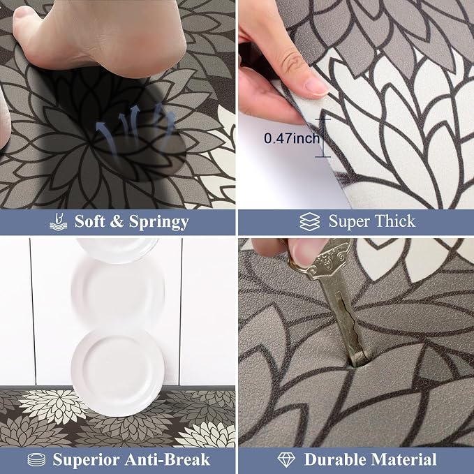 HEBE Anti Fatigue Kitchen Rugs Set of 2, Cushioned Kitchen Mats for Floor | Non Slip Washable Kitchen Runner Rug Set, Floral Stain Resistant Waterproof Comfort Mat Carpet for Sink, Standing Desk