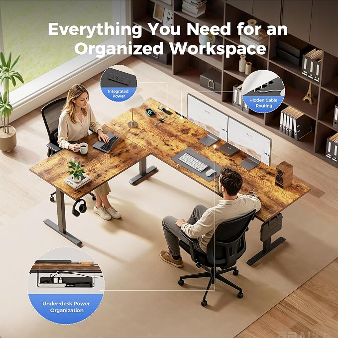 Agilestic Electric L Shaped Standing Desk 63 x 48 Inch with Power Outlet, Height Adjustable Corner Stand up Desk with Cable Management,Sit Stand Home Office Workstation with Splice Board, Rustic Brown