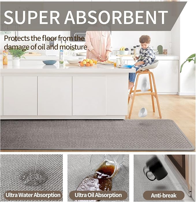 YDKGL Water and Oil Absorbent Runner Rugs for Kitchen, Kitchen Mat in Front of Sink,Non-Slip Kitchen Rugs,Durable Imitation Linen Kitchen Mats，Kitchen Rug Runner Washable， 17x59 Gray Kitchen Rugs