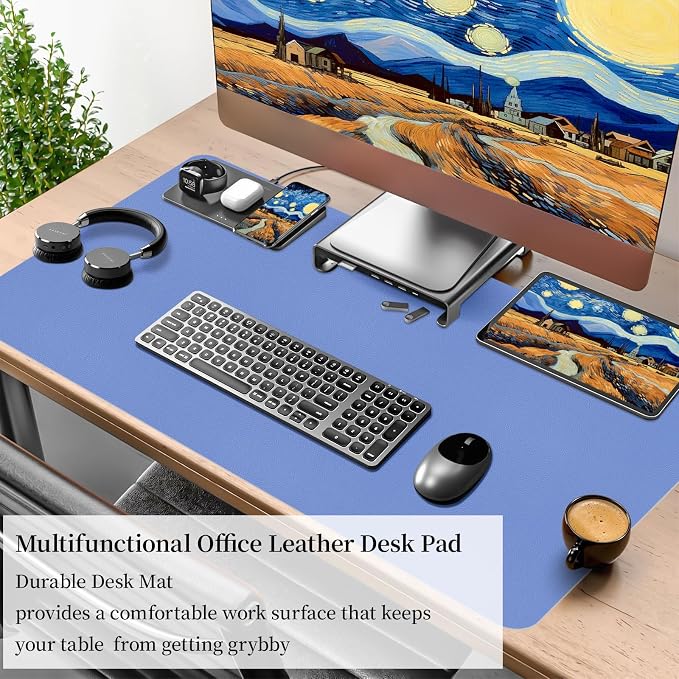 Bloss Blue Leather Desk Mat Protector,Leather Mouse Pad,Laptop Protector Desks Mat,Office Desks Mats,Keyboard Desks Mats,Computer Mat,Dual-Side Waterproof Desk Writing Pad for Office/Home.31.5"x 15.7"