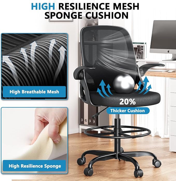 Kensaker Drafting Chair Tall Office Chair, Ergonomic Standing Desk Chair with Adjustable Foot Ring and Flip-up Armrests, Mesh Computer Chair for Art Studio, 300 LBS, Black