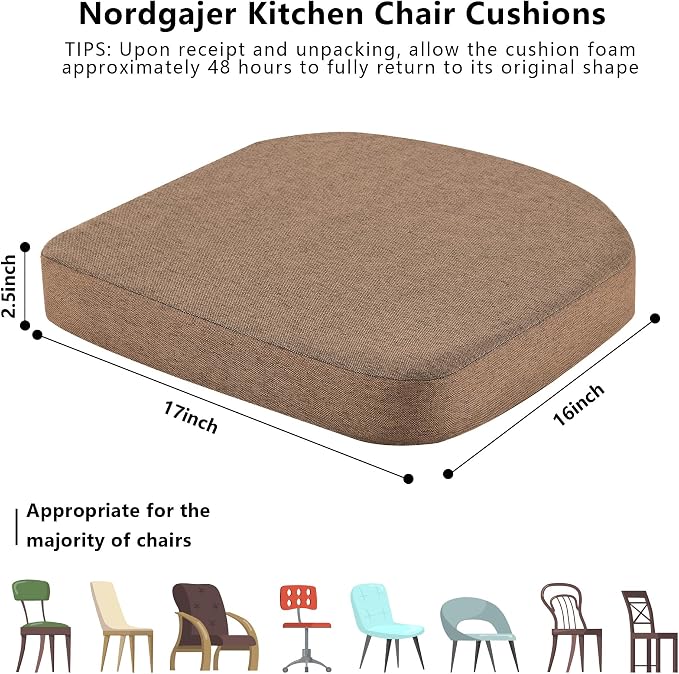 Nordjager Chair Cushions for Dining Chairs, 4 Pack Memory Foam Cushion | 2.5" Thick Chair Cushion; Waterproo Surface with 17" x 16" Size for Kitchen & Dining Chairs, Secure Ties and Washable Cover.