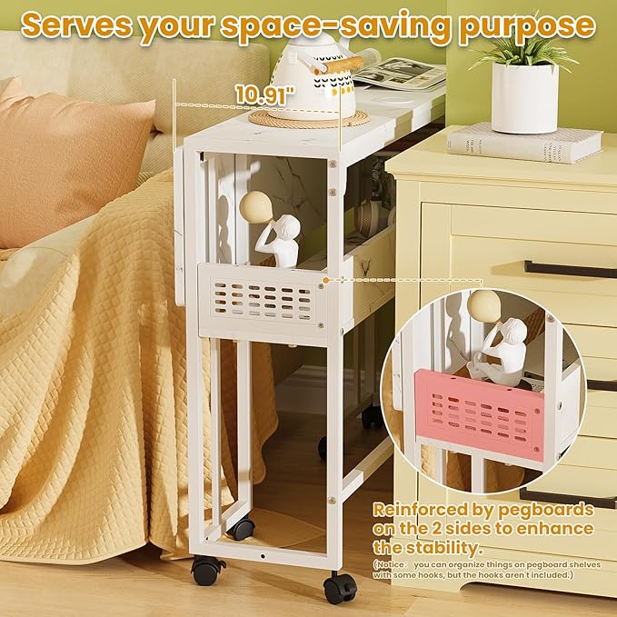 Gezen Folding Desk with Storage Shelf, Mobile Couch Desk Sofa Side Table Bed for Home Office Small Space, White Marble, 31.5