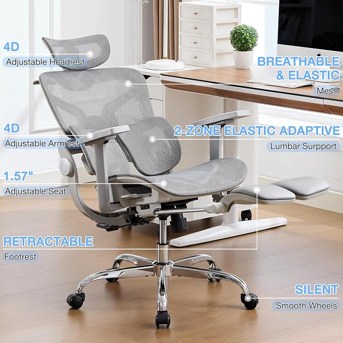 Ergonomic Mesh Office Chair with 2-Zone Lumbar Support and Footrest,Grey | Big and Tall, 400LBS, Adjustable Seat Depth, 4D Headrest, 4D Armrests Swivel Executive Chair for Home Office