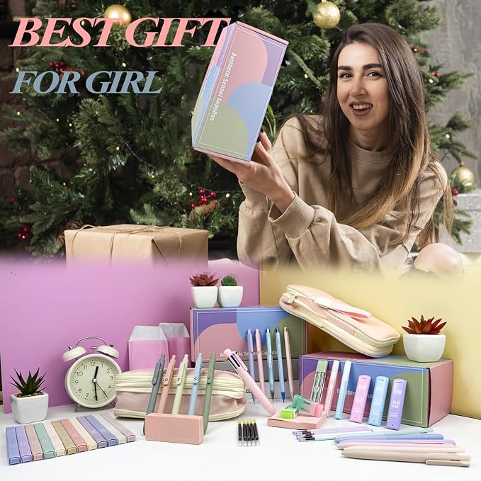 54Pcs Aesthetic School Supplies Set with Large Pastel Pencil Case 12 Dual Tip Highlighters, 6 Gel Pens, 5 Black Pens, 5 Mechanical Pencils (0.5-2.0mm) for Students Stationary College Essentials Gifts