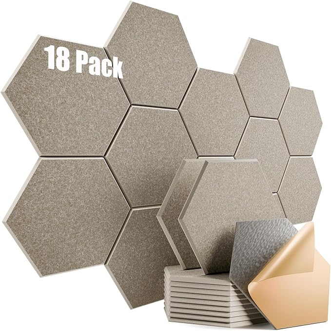 18 Pack Self-Adhesive Acoustic Panels 12" X 10" X 0.4" - Sound Proof Foam Panels for Wall with High Density, Hexagon Design, Flame Resistant, Absorb Noise and Eliminate Echoes(Camel)