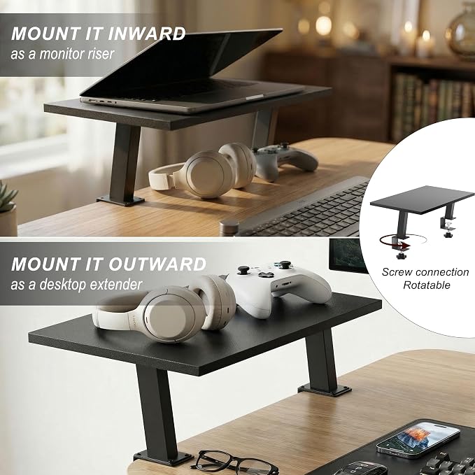 15-Inch Desktop Clamp-on Shelf & Monitor Riser, 2-in-1 Reversible Design – Fits Either Side of Desk, C-Clamp for Stability, Holds 44 lbs, for Gaming PC, Console & Office Setup