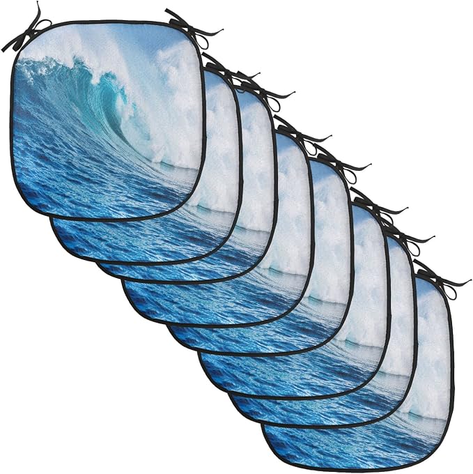 Lunarable Ocean Chair Cushion Pads Set of 8, Sea Storm with a Swirling Wave Surfing Themed Sky and Water Picture Print, Anti-Slip Seat Padding for Kitchen & Patio, 16"x16", White Blue and Aqua