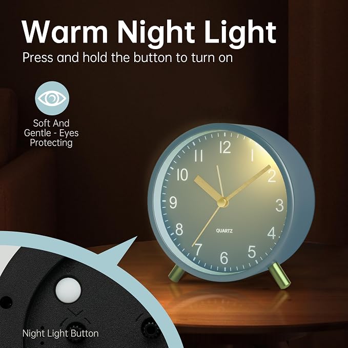 JALL Analog Alarm Clock, 4 inch Super Silent Non Ticking Small Clock with Night Light, Battery Operated, Simple Design, Easy Setting for Office, Bedroom, Bedside, Desk, Teens, Elders, Adult, SkyBlue