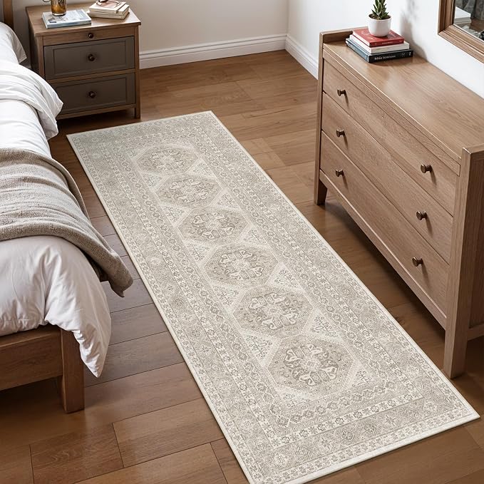 2x6 Runner Rug Kitchen Washable:Oriental Indoor Hallway Runners with Non Slip Backing Floor Mat for Entryway Door Low Pile Thin Carpet for Bedroom Bathroom Living Room Bedside (Beige, 2x6)