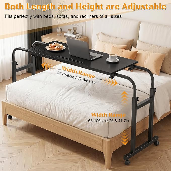Over the Bed Table with Wheels, Height Adjustable Rolling Desk, Heavy Duty Steel Frame Laptop Workstation for Bedroom, Living Room, Hospital Use, Adults and Kids