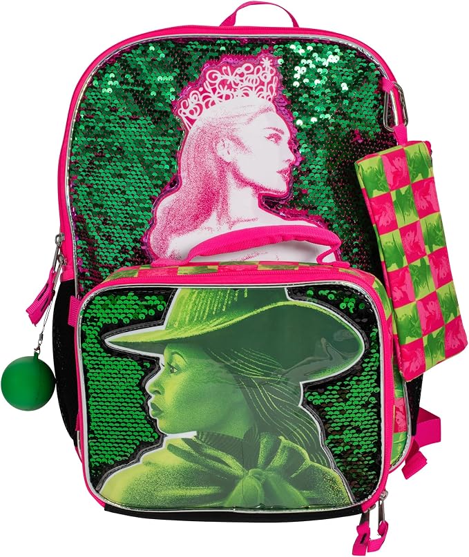 AI ACCESSORY INNOVATIONS Wicked 5 Piece Backpack Set, Galinda & Elphaba Flip Sequin Girls School Bag with Front Zip Pocket, 2 Side Mesh Pockets, Pink & Green