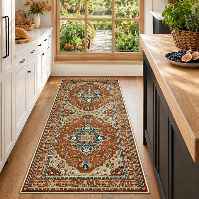 RELEANY Area Rugs Runner 2'x6' Washable Non-Slip, Floral Vintage Distress Medallion Carpet for Kitchen Hallway Bedroom Beside Laundry Room Bathroom, Red Orange Blue Brown