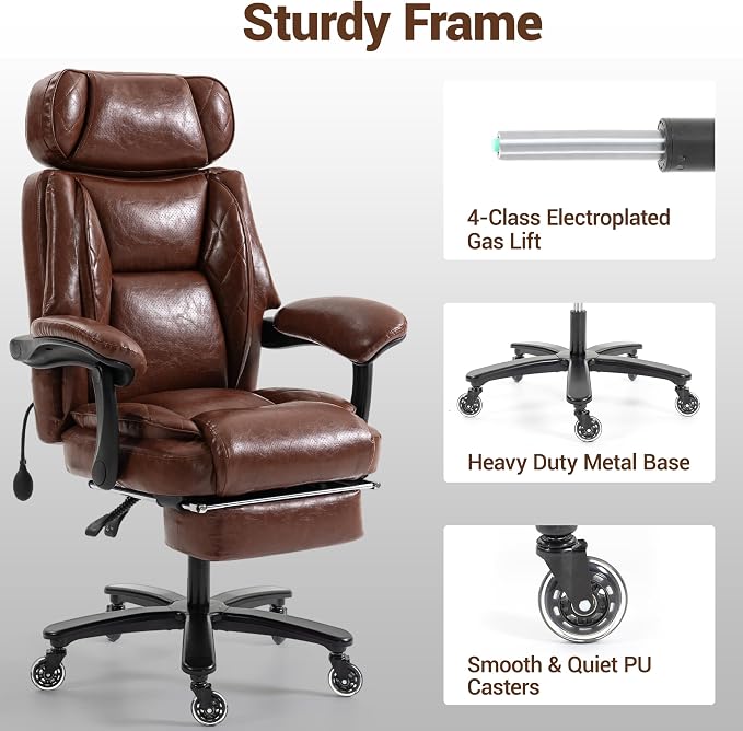 750 LBS Big and Tall Executive Home Office Chair w/Footrest, Black | PU leather, Built for Heavy People, Lumbar Airbag, High Back, Wide Seat, Reclining 90°-155°, Home Office Gaming Room