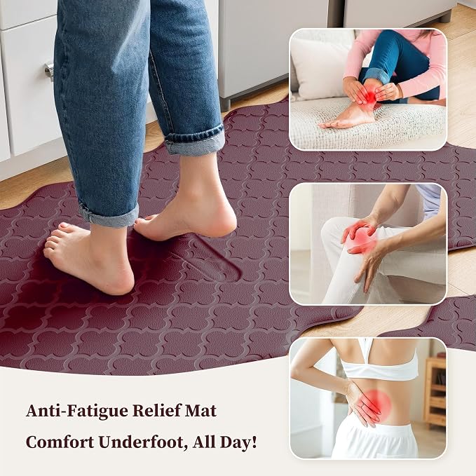 Arenarug Upgrade Scalloped Embossed Kitchen Mats for Floor 2PCS Cushioned Anti Fatigue Waterproof Foam Kitchen Rugs Non Slip Washable Comfort Standing Mat for Sink Laundry, 17.3"x30"+17.3"x59", Red