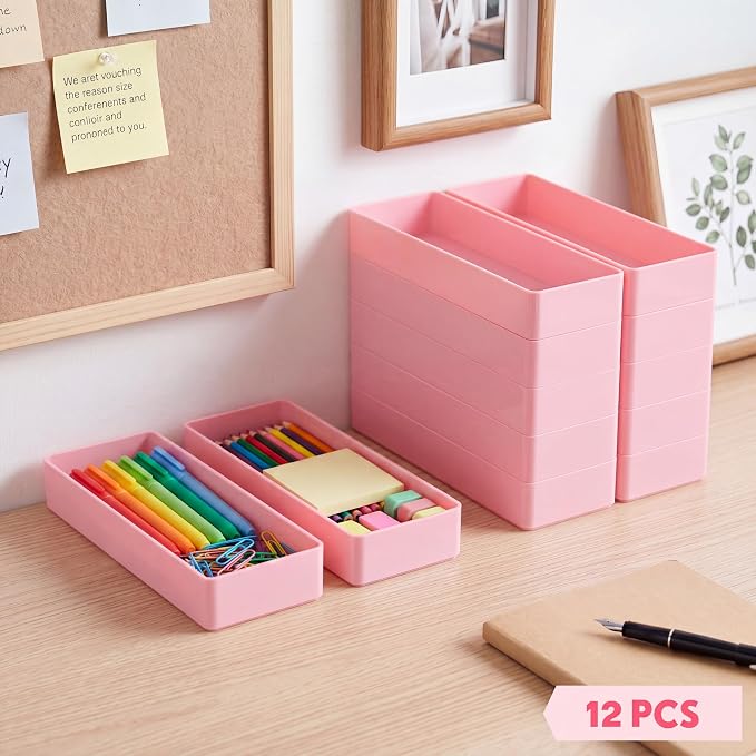 Teling 12 Pcs Pink Large Rectangular Desk Organizer Set Half Accessory Tray Plastic Tabletop Organizer for Office Home or Study Dimensions: 9.45 x 2.95 x 1.38 Inches