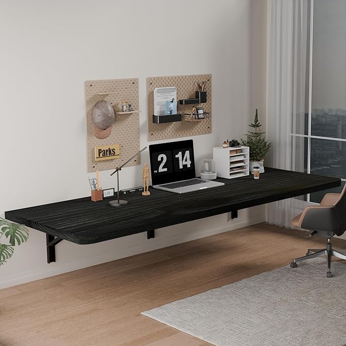 IAE Floating Wall Mounted Folding Table Desk with Pine Wood,60" x 22" Foldable Workbench,Fold Down Wall Mounted Foldable Desk with Shelf Brackets,Laundry Folding Table for Home,Dining,Kitchen, Black