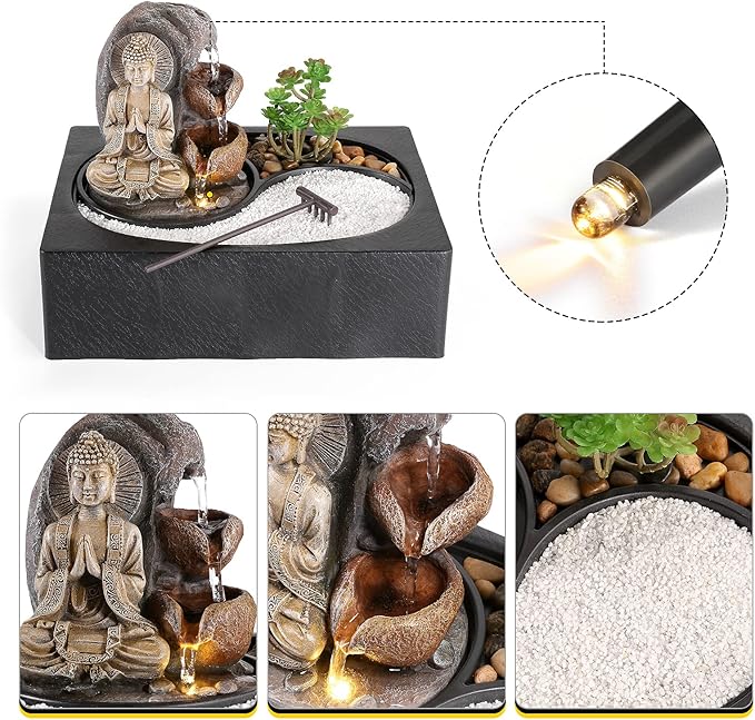 Dyna-Living Water Fountains Indoor Small Tabletop Water Fountain Waterfall Fountain with Zen Garden LED Warm Light Buddha Fountains Indoor for Home Zen Room Decor