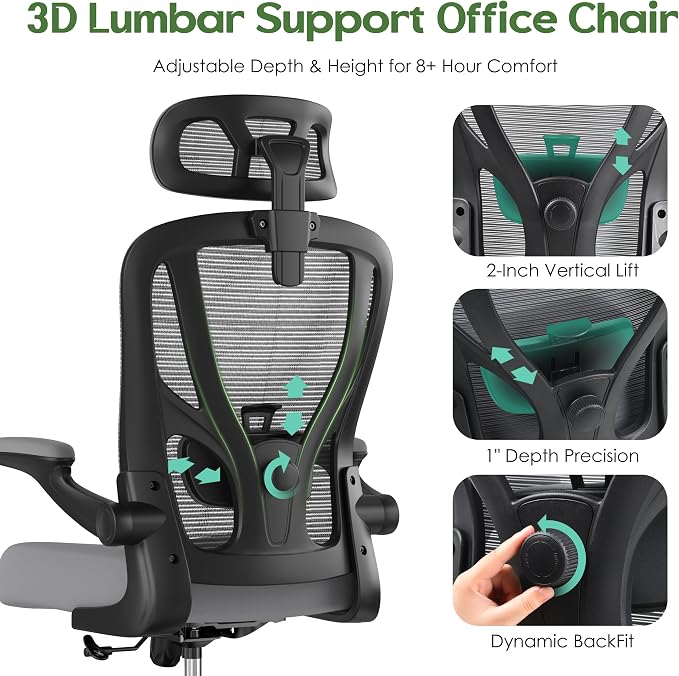Office Chair Ergonomic Desk Chair - Mesh High Back Office Chair with Headrests Wheels Lumbar Support Home Desk Office Chairs Flip up Armrest Executive Rolling Computer Chair Black Gray 4 Pack
