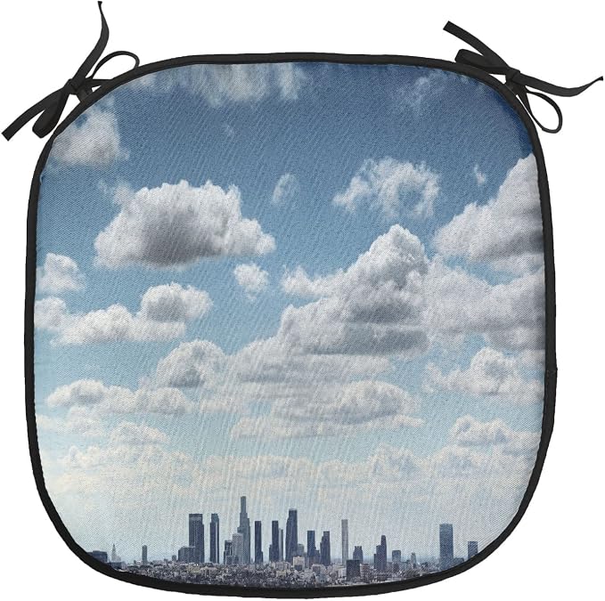 Lunarable United States Chair Cushion Pads Set of 6, Downtown Los Angeles Skyline Under The Summer Sky with Scenic Fluffy Clouds, Anti-Slip Seat Padding for Kitchen & Patio, 16"x16", Blue White