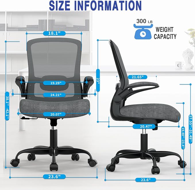 Mimoglad Ergonomic Office Chair - Desk Chair with Flip-up Armrests & 135° Recline, Adjustable Lumbar Support - Space-Saving Task Chair for Business/Team Office & Home (Iron Gray, 300lbs) | Supports 300 lbs · Seat 19.48"–23.4" · Breathable mesh · 20–30 ...