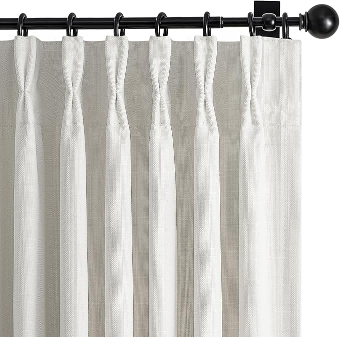 Pinch Pleated Black Out Curtains 84 Inch Long for Living Room, Beige White Thick Linen Memory Trained Boho Bedroom Darkening Curtain 84 Inch Length 2 Panel Set Double Layer Thermal Viral Window Drapes