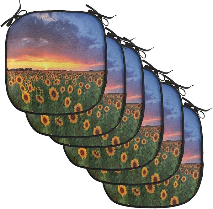 Lunarable Sunflower Chair Cushion Pads Set of 6, Field of Sunflowers Sunset Dramatic Sky Clouds Scenic Picture, Anti-Slip Seat Padding for Kitchen & Patio, 16"x16", Fern Green Sky Blue