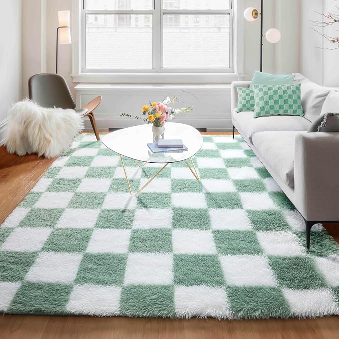 KICMOR Fluffy Sage Green and White Rugs Living Room Carpet, 5x7 Large Fuzzy Checkered Shag Area Rug for Bedroom Aesthetic, Furry Soft Plush Shaggy Rug for Nursery Kids Girls Boys Room Home Decor