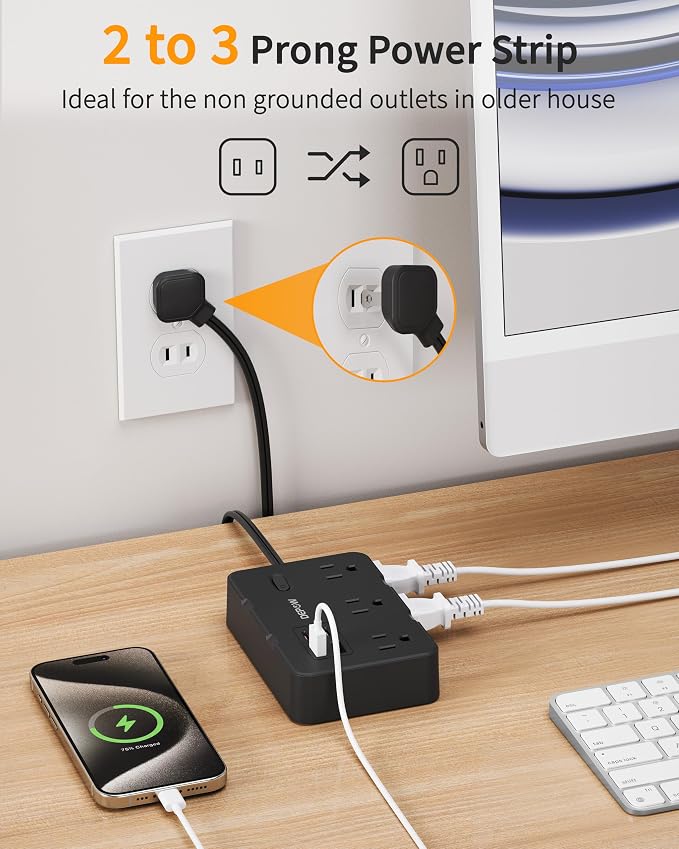 DEPOW 2 Prong to 3 Prong Adapter Power Strip, 5FT Black Extension Cord with 6 Outlets & 4 USB Ports (2 USB-C), 1050J Two Prong Surge Protector, Wall Mount - Ideal for Old Houses