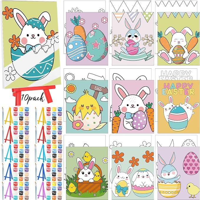 Blosssound 10 Set Easter Pre Printed Canvas Bunny Pre Drawn Canvas Painting with Easel Kits 5" x 7" Outline Painting Panels for Beginners, DIY Craft Project, Party Favor, Home Decors