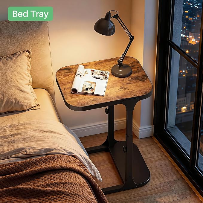 Kitstorack Ultra Stable & Durable End Table, Ajustable Height C Shaped Side Table for Couch, Sofa Side Table with Thickened Metal Frame for Living Room, Bedroom, Rustic