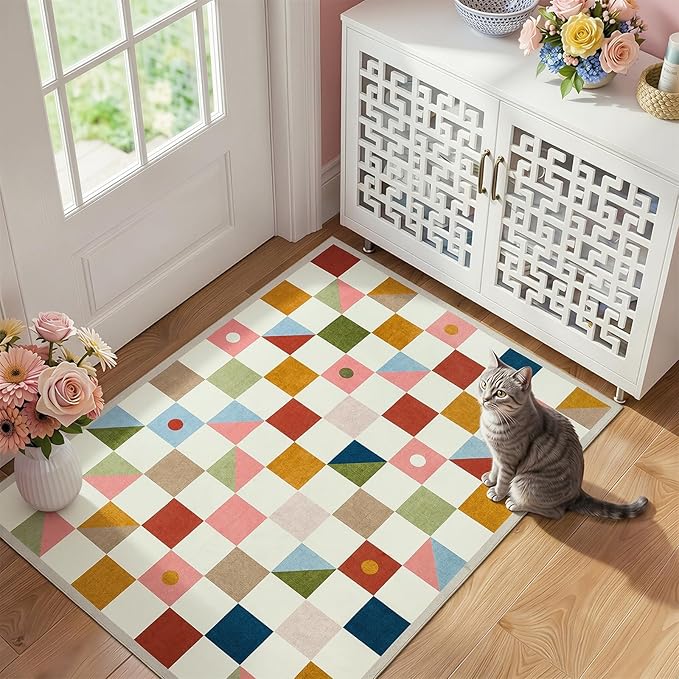 Terrug 3x5 Checkered Rug for Entryway, Multicolored Geometric Area Rugs Washable with Non Slip for Kids Room, Soft Low Pile Stain Resistance Carpet for Kitchen