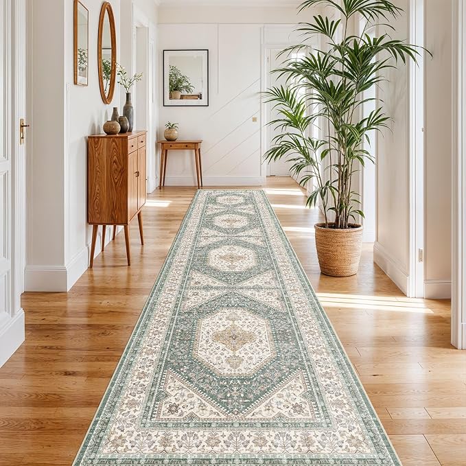 3x16 Runner Rug for Hallway Washable: Non Slip Kitchen Rugs with Rubber Backing Soft Waterproof Mats Stain Resistant Indoor Vintage Carpet Runner for Bedroom Bathroom Laundry Entryway Green/Beige