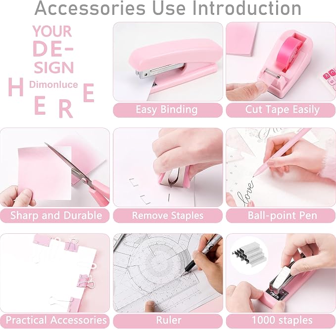 Pink Desk Accessories, Pink Office Supplies Accessories with Tape Dispenser, Stapler, Staple Remover, 1000 Staples, Tape, Clips Set, Ruler, Scissor, Pen