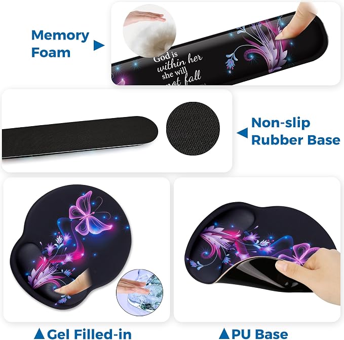 Mouse Pad and Keyboard Wrist Rest Support, with Non-Slip PU Base,Gel Mouse Pad with Coaster,Pain Relief for Gaming, Computer,Office -Vector Butterflies