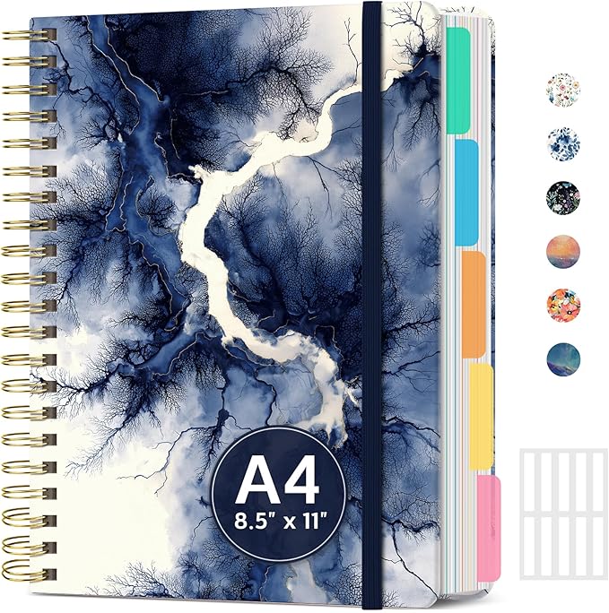 Large Spiral Lined Notebooks for Work with Removable Dividers & Tabs, 8.5"x11" Pretty Hardcover 5 Subject Notebook Journal for Women, College Ruled, Perfect for Study & Office Organization, 280 Pages,Marble Vein
