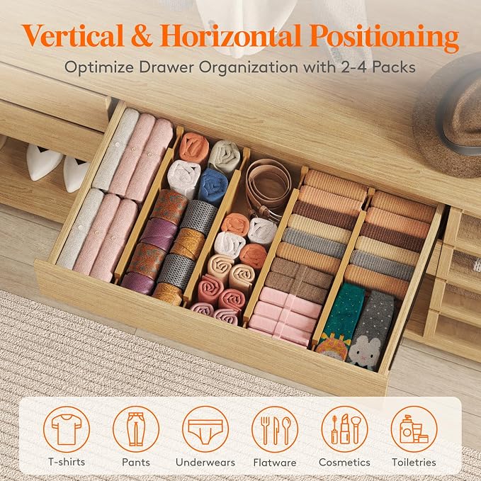 Lifewit 4" High 5 Pack Bamboo Drawer Dividers 43-54cm/17-21.5" Adjustable Wooden Drawer Organizer for Clothes/Utensils, Expandable Drawer Separator for Dresser/Kitchen/Bedroom/Office Organization
