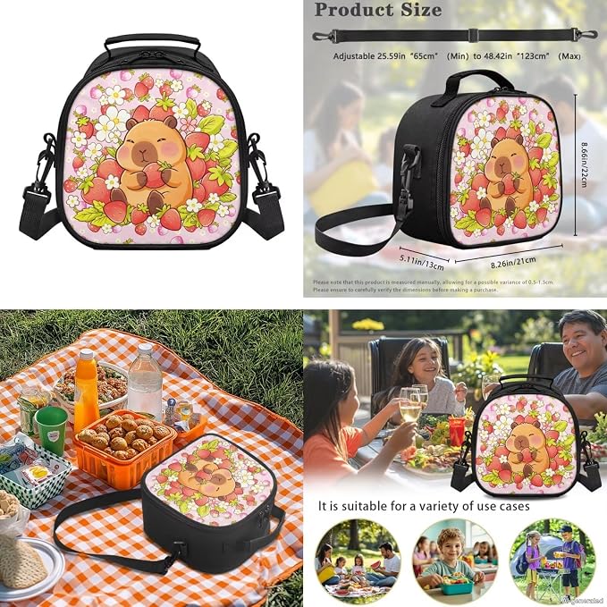 WELLFLYHOM 4 PCS Pink Strawberry Capybara Backpack Set for Girls Ages 8-12 | Multi-Scene Backpack Set With Lunch Box, Pencil Pouch and Water Bottle Sleeve, Great for School, Sports and Short Travel
