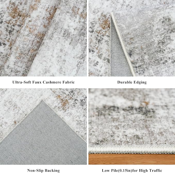 10x10 ft Square Living Room Rug – Washable Modern Abstract Area Rug for Bedroom, Dining Room, Playroom – Neutral Non-Slip Low-Pile Thin Indoor Carpet (Beige Grey)