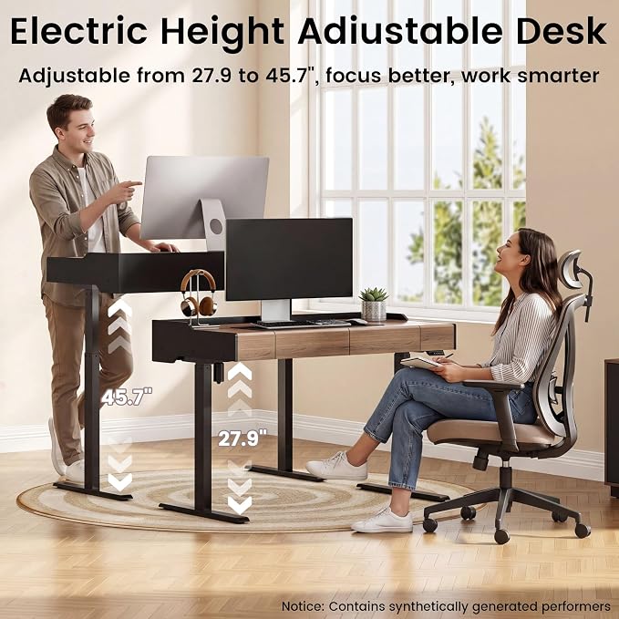 ModernMate Electric Standing Desk with Drawers, Hidden Cable Management | 48 x 24 Inches Height Adjustable Desk, Stand Up Table with Storage for Home Office, Black Walnut
