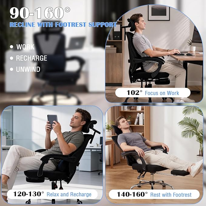 Ergonomic Office Chair with Footrest - Adjustable Lumbar Support & 3D Headrest, 90-160° Reclining Mesh High-Back Rolling Work Swivel Computer Chair-400lbs Capacity